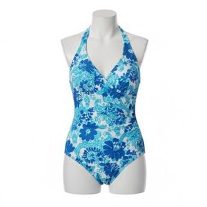 Talbots Blue Floral Halter One Piece Swimsuit - Ruched Tummy Control Size 16